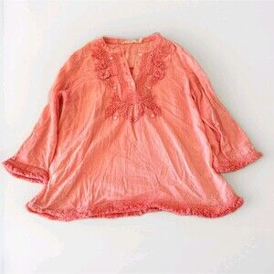 Soft Surroundings Womens Beachy Tunic Top Large Crochet Fringe Coastal Cottage